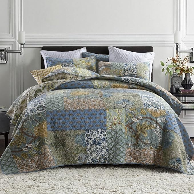 ENASAL Cotton Bedspread Quilt Sets Reversible Bedding Coverlet Sets Comforter, Patchwork Vintage Floral Paisley Farmhouse Pastoral Turquoise Bedspread, Queen Size