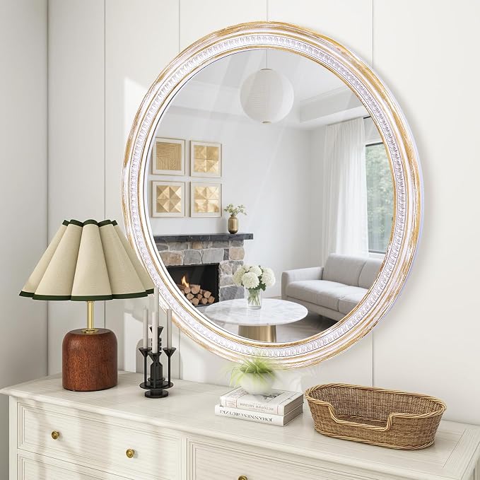 HOITUZYUS 30 Inch Rustic Farmhouse Round Wall Mirror, Boho Wooden Decorative Circle Mirror for Bathroom Vanity, Living Room, Entryway, Bedroom, Hallway