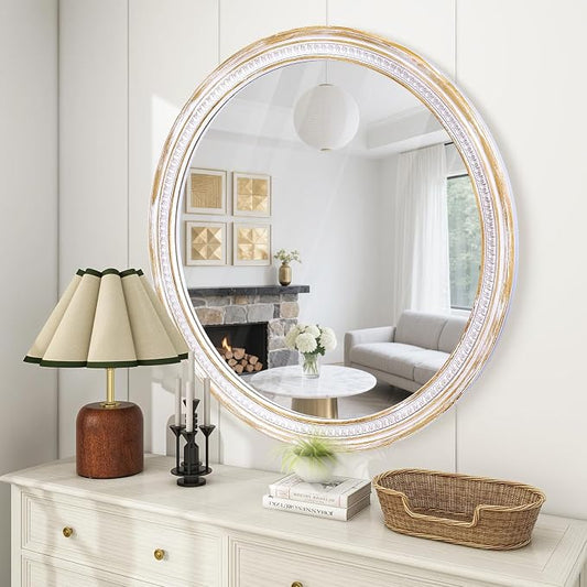 HOITUZYUS 30 Inch Rustic Farmhouse Round Wall Mirror, Boho Wooden Decorative Circle Mirror for Bathroom Vanity, Living Room, Entryway, Bedroom, Hallway