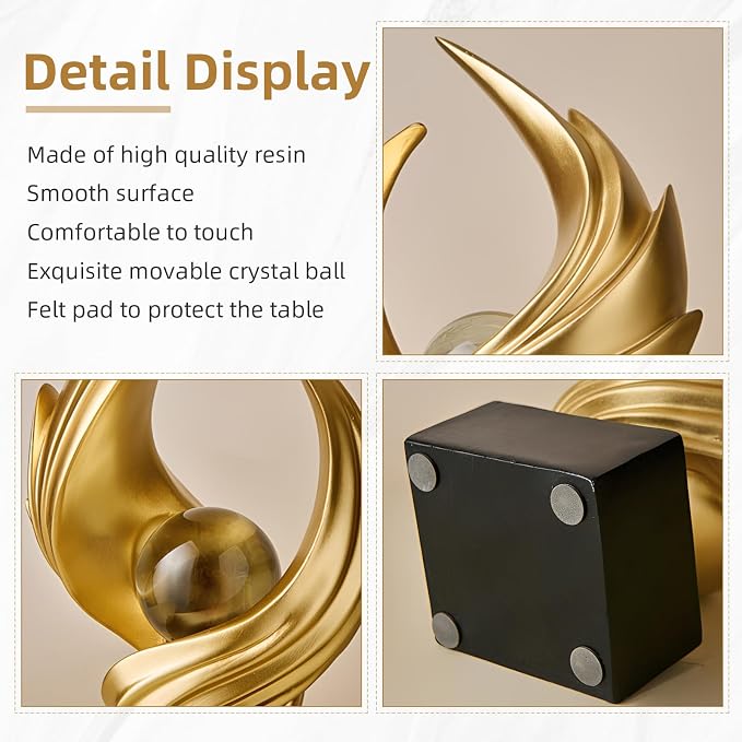 Modern Art Statue Decor, Abstract Swirl-Shaped Sculpture with Glass Ball Resin Art Figurines Centerpiece Sculptures for Home Decor Living Room Stand Coffee Table Office Bookshelf Decoration (gold)