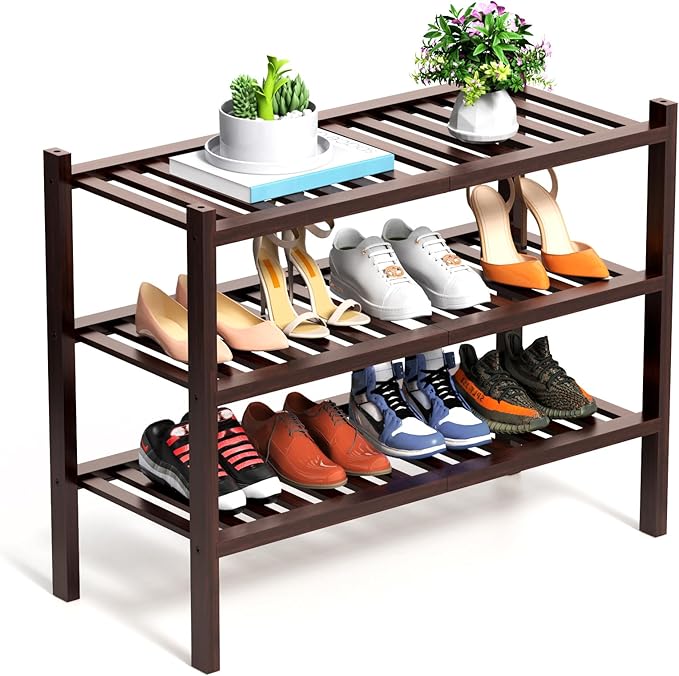 RONGJlA 3 Tier Bamboo Shoe Rack for Closet Free Standing Wood Shoe Shelf Storage Organizer for Entryway Small Space Stackable, Natural, Brown