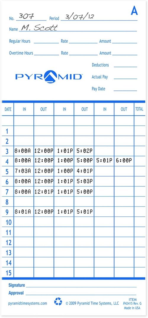 Pyramid Time Systems - Authentic Time Cards for Pyramid Time Clocks | Double-Sided Sheets (3.38 x 7.44 In) - 1000 Pack - Blue/Green