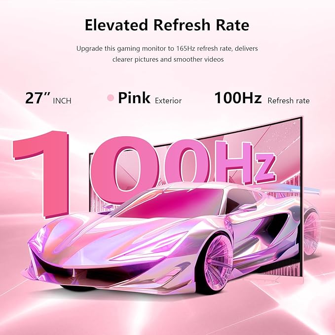 Pink 27 inch Curved Gaming Monitor 100Hz,FHD 1080P,1500R LED Display,Pink Computer Monitor,3ms (MPRT),FreeSync,Eye-Care Technology, DP, HDMI Port for Gaming Home Office,VESA(75mm×75mm)