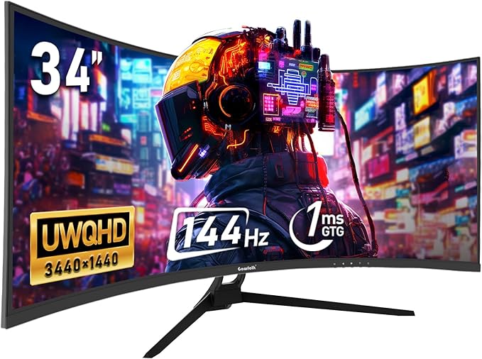 Gawfolk 34 Inch Ultrawide Curved 144Hz Gaming Computer Monitor 1500R PC Screen 21:9 UWQHD (3440x1440),Adaptive Sync,178° Viewing Angle,Display Port 1.4、HDMI 2.0,Compatible with Wall mounting -Black