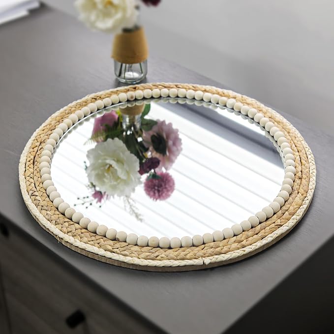 18 Inch Boho Round Hanging Wall Mirror Decorative Rattan Circle Mirrors for Farmhouse, Living Room, Bedroom