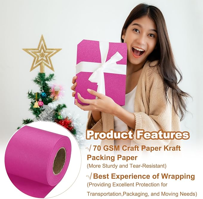 PATIKIL Wrapping Paper, 12" x 500"(42') 70 GSM Craft Paper Roll Kraft Packing Paper for Poster Bulletin Board, Gift Wrapping, Rose Pink