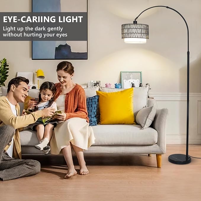Boho Floor Lamps for Living Room, Arc Floor Lamp for bedroom with Remote and Dimmable Bulb, Over Couch Standing Lamp, Farmhouse Tall Lamp with 3 Color Temperatures, Height Adjustable Corner Floor Lamp