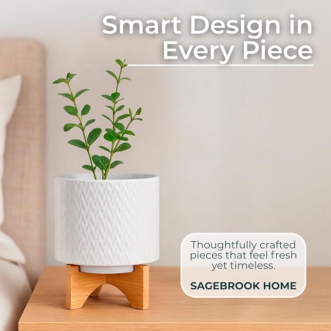 Modern Ceramic Planters with Wood Stand for Home Decor Elegant Flower Pots for Entryway, Garden, and Patio - Decorative Raised Container for Indoor and Outdoor Plants - 10", White & Tan
