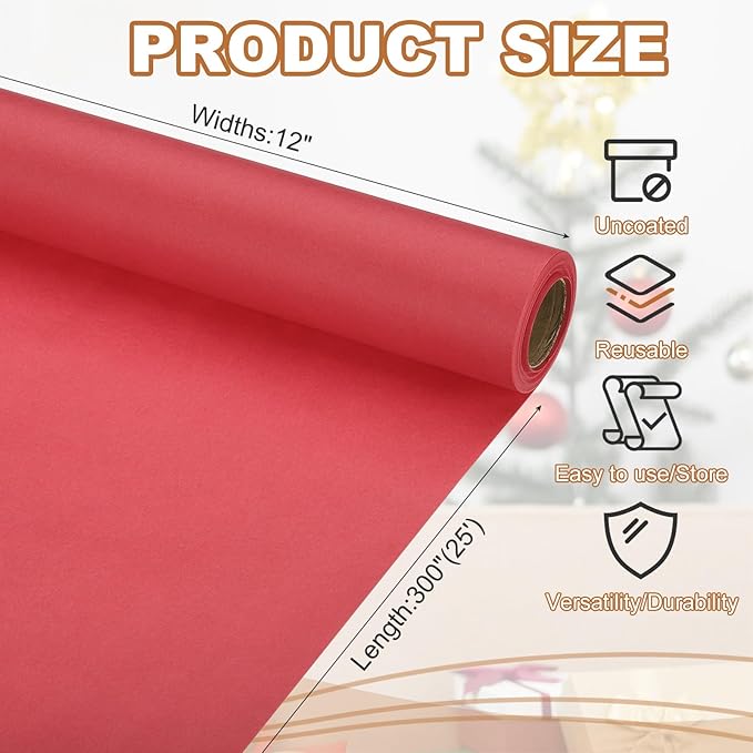 PATIKIL Wrapping Paper, 12" x 300"(25') 70 GSM Craft Paper Roll Kraft Packing Paper for Poster Bulletin Board, Gift Wrapping, Red