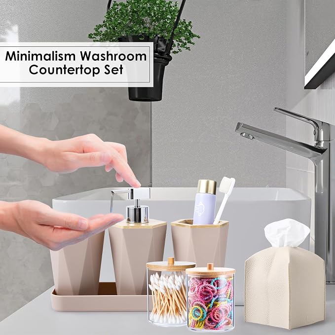 Beige Bathroom Accessories Set, 10 Pieces Bamboo Bathroom Set with Trash Can, Tray, Soap Dispenser, Soap Dish, Toothbrush Holder, Toothbrush Cup, Tissue Holder, Toilet Brush and Qtip Holders