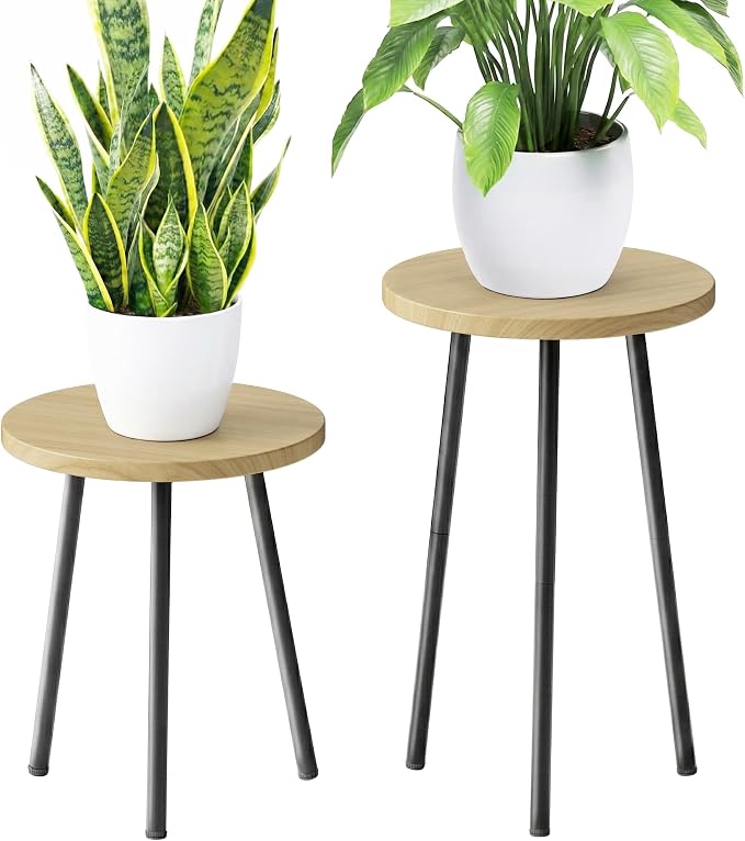Plant Stand Indoor Tall: Corner Wood Plant Stand 2 Pack Mid Century Modern Decor - Small Round Plant Table for Indoor Plants - Outdoor Plant Holder for Patio Living Room Bathroom Office (Burlywood)