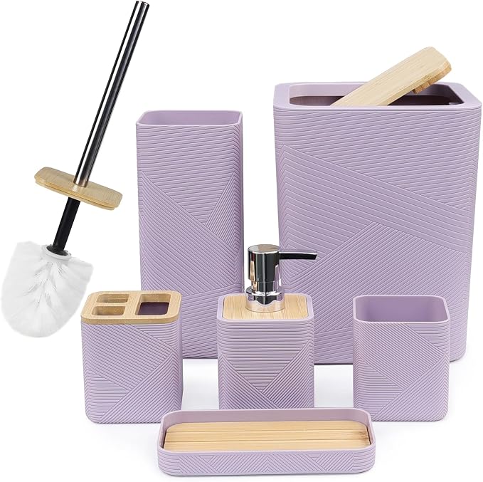 CERBIOR Bathroom Accessories Set 6 Piece Bamboo Bath Ensemble Includes Soap Dispenser, Toothbrush Holder, Toothbrush Cup, Soap Dish for Decorative Countertop and Housewarming Gift (Purple)