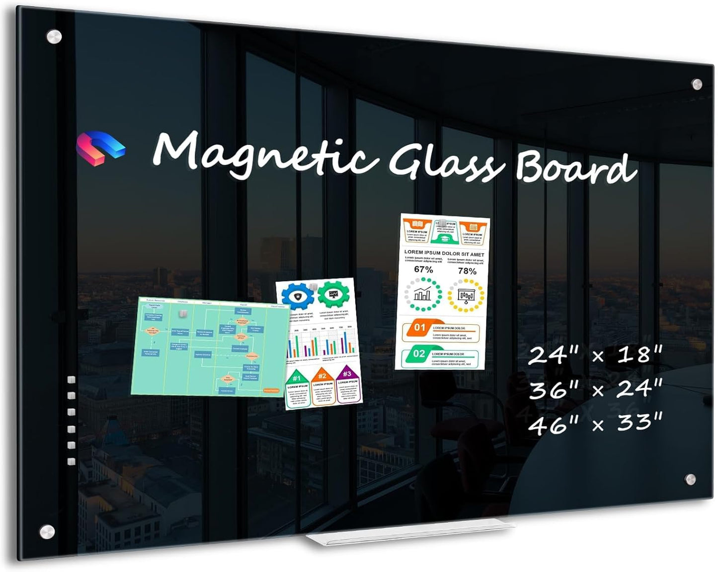 WALGLASS Magnetic Black Dry Erase Board - Frameless 24"x18" Glass Whiteboard with 6 Magnets & Pen Tray