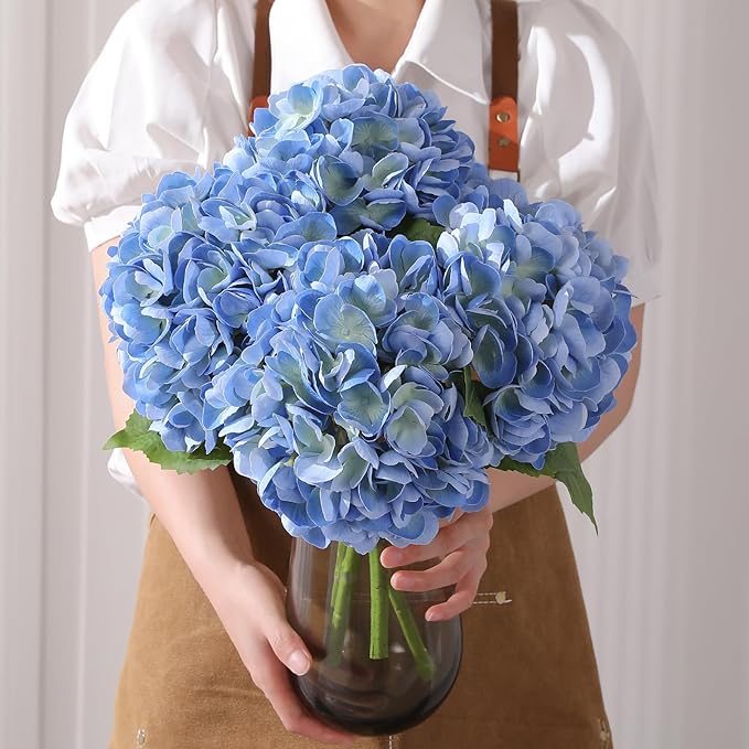 4Pcs Hydrangea Artificial Flowers, 22.44" Real Touch Latex Faux Hydrangea with Long Stems & Leaves for Home Office Decor or Wedding, Party, Centerpieces, Floral Arrangements (Blue)