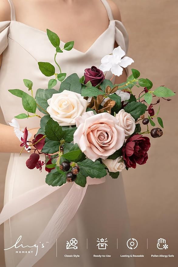 Ling's moment Marsala Red Bridesmaid Bouquet, Red Wedding Bouquets for Bridesmaids, 7 Inch Bridal Bouquets for Bridesmaids, Wedding, Ceremony, Anniversary, etc.