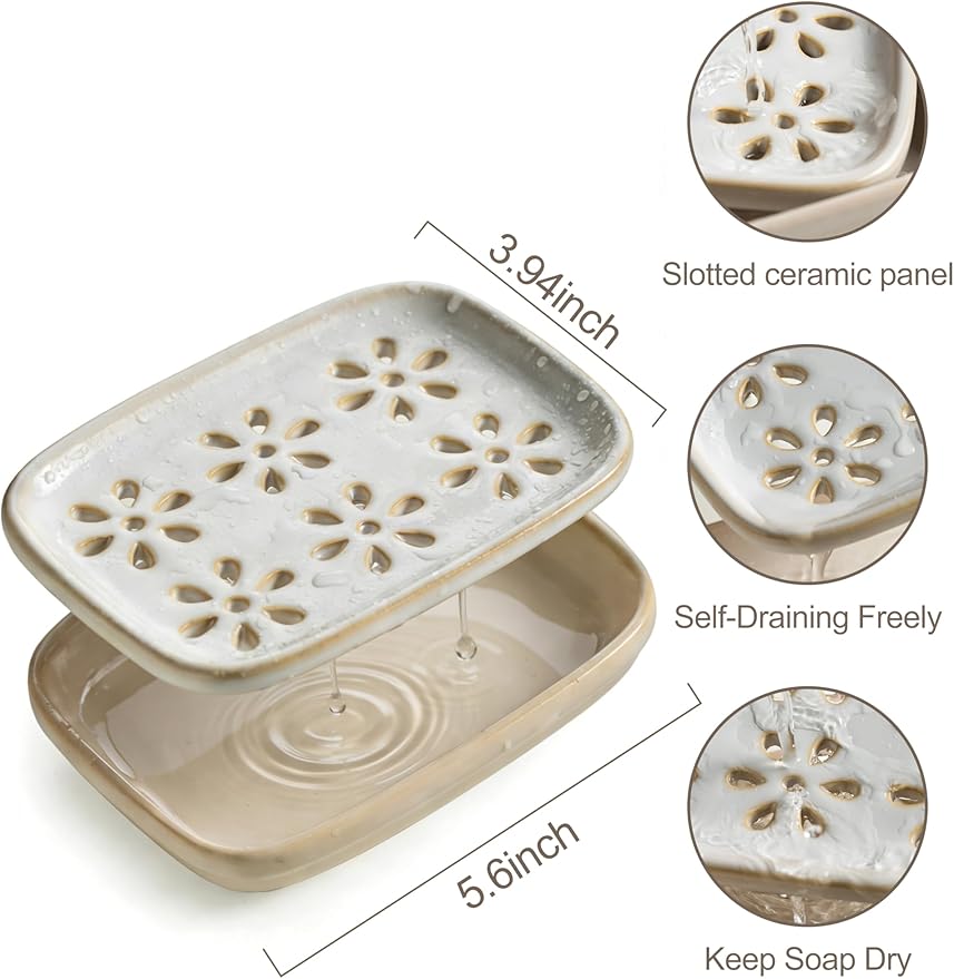 Miamolo Soap Dish for Shower with Drainage, Double Layer Bar Soap Holder, Ceramic Soap Saver Sponge Holder for Bathroom, Tub and Kitchen Sink, Slotted Draining Soap Dishes Extend Soap Life, Beige