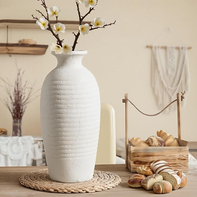 Rustic Ceramic Tall Vase 14.4” Large Handmade Flower Vases for Farmhouse Decor Living Room Shelf Styling Waterproof Off-White Pottery Jar for Pampas Grass Wedding or Housewarming Gift