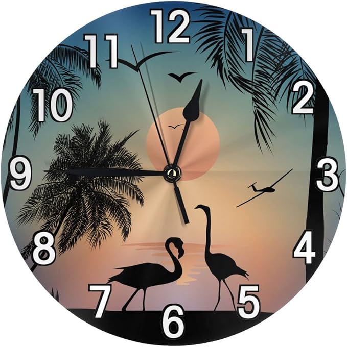 Flamingos Walking On The Sea Beach Wall Clock Battery Operated Silent Non Ticking Round Clock Wall Decor for Home Kitchen Living Room 9.8 Inch