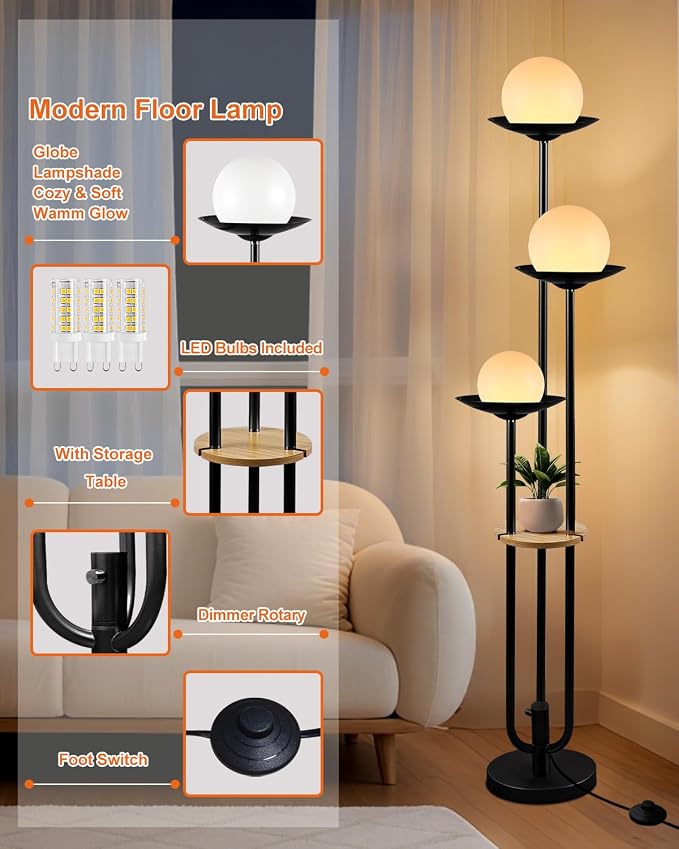 63IN Globe Floor Lamp with Table, 3-Lights Modern Dimmable Floor Lamps with 3000K Warm White Bulbs for Wedding/Party, Black Tall Standing Lamp with 5Lbs Heavy Base for Living Room/Bedroom