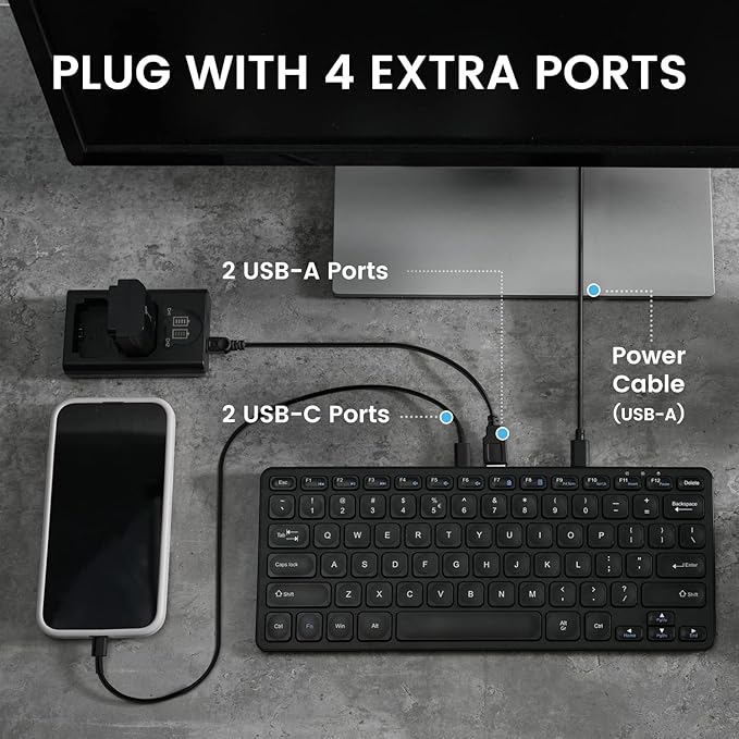 Perixx PERIBOARD-416 Wired Mini USB Keyboard with 4 Hubs - X Type Scissor Keys - Detachable USB-C and A Cable - US English