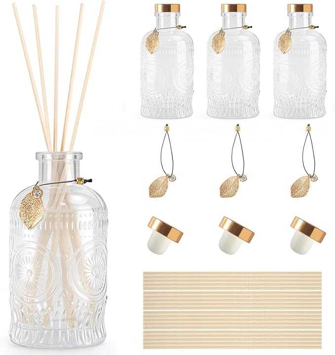 Glass Reed Diffusers Bottles for Home, Diffuser Bottles with 20PCS Reed Diffuser Sticks, Glass Bottle with Lids Apothecary Jar Flower Bud Vases, Set of 3