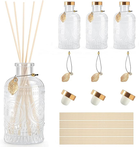 Glass Reed Diffusers Bottles for Home, Diffuser Bottles with 20PCS Reed Diffuser Sticks, Glass Bottle with Lids Apothecary Jar Flower Bud Vases, Set of 3