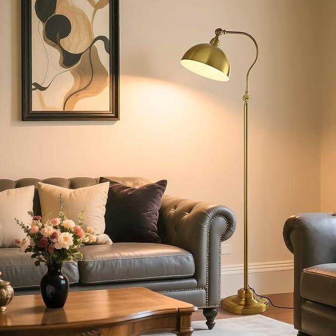 Bright LED Reading Floor Lamp with Remote and Bluetooth Dimming,Adjustable Brightness and Color temperature, Brass Gold Brushed Iron Lampshade,59" Modern Standing Lamp for Living Room Bedroom Office