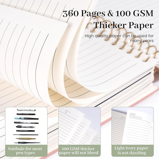 FLYING EAGLE Leather Spiral Notebooks for Work 5 Subject Notebook College Ruled with Dividers Pen, 360 Pages B5 Hardcover Lined Journals for Women Men Writing,Green