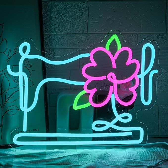 Floral Sewing Machine Neon Sign for Wall Decor Colorful Floral Led Sign Tailor Sewing Machine Led Light Flower Neon Light for Bedroom Girl's Room Sewing Room Tailor Shop Craft Room Flower Shop