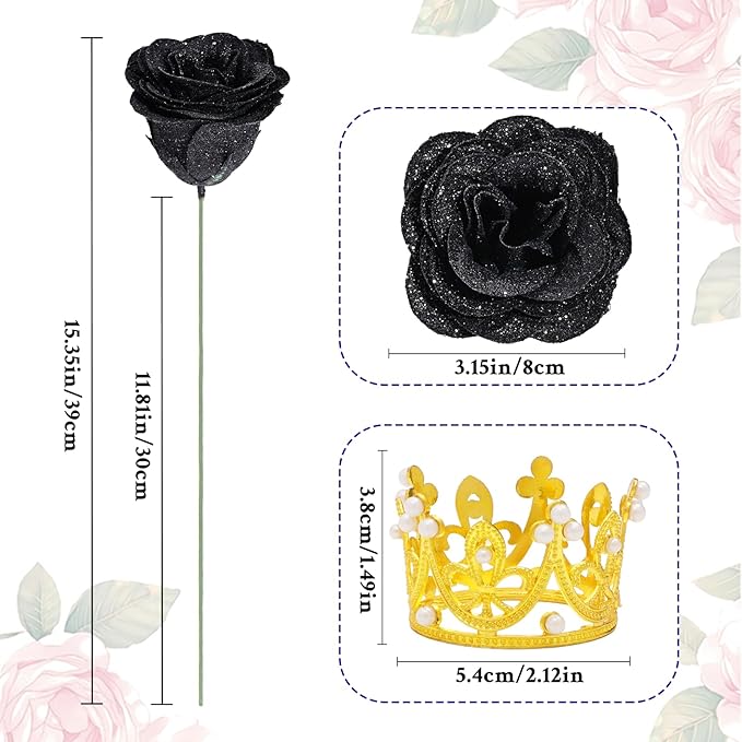 Waipfaru 24 Pcs Glitter Roses Bouquet, DIY Fake Flowers Bouquet, Artificial Black Rose Bouquet for Valentines, Mothers Day Gifts, Anniversary, Engagement, Wedding