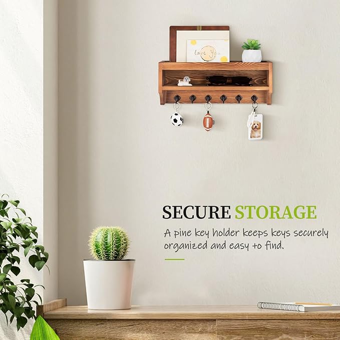 Nekon Key Holder Wall Mount, 12.8" W x 5.6" H x 3.7" D Wall Mounted Key and Mail Organizer with 6 Key Hooks, Key Racks for Home Entryway Decor (Brown)