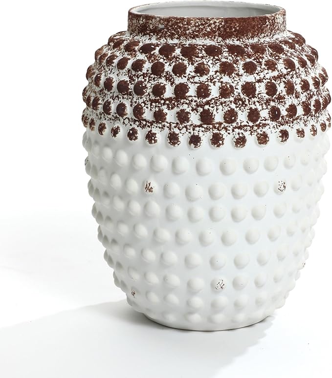 LuxenHome Ceramic Flower Vase,Rustic Decorative Vase for Home Decor,Vintage White and Brown Beaded 12-Inch Tall Urn Vase Shelf Decor Room Decor Entry Way Table Home Decor