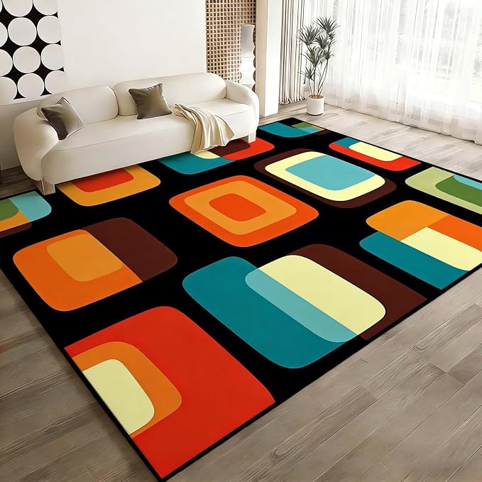 Mid Century Modern Rug, Colorful Abstract Geometric Area Rug, Retro Atomic Starburst Rugs, Washable Non-Slip Soft Low Pile 1950s Carpet for Living Room, Bedroom (6' x 9'(Rectangular))