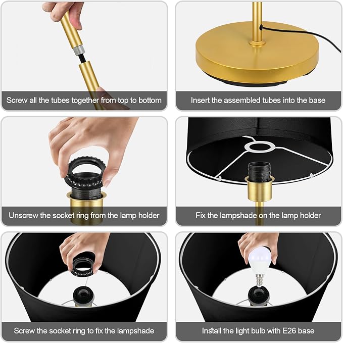 Gold Floor Lamps for Living Room, Modern Bright Standing Lamp, Black Lamp Shades, Foot Switch, Simple Pole Lamps Corner Lamp for Bedroom,Office, Living Room, Den, Black Living Room Lamp(No Bulb)
