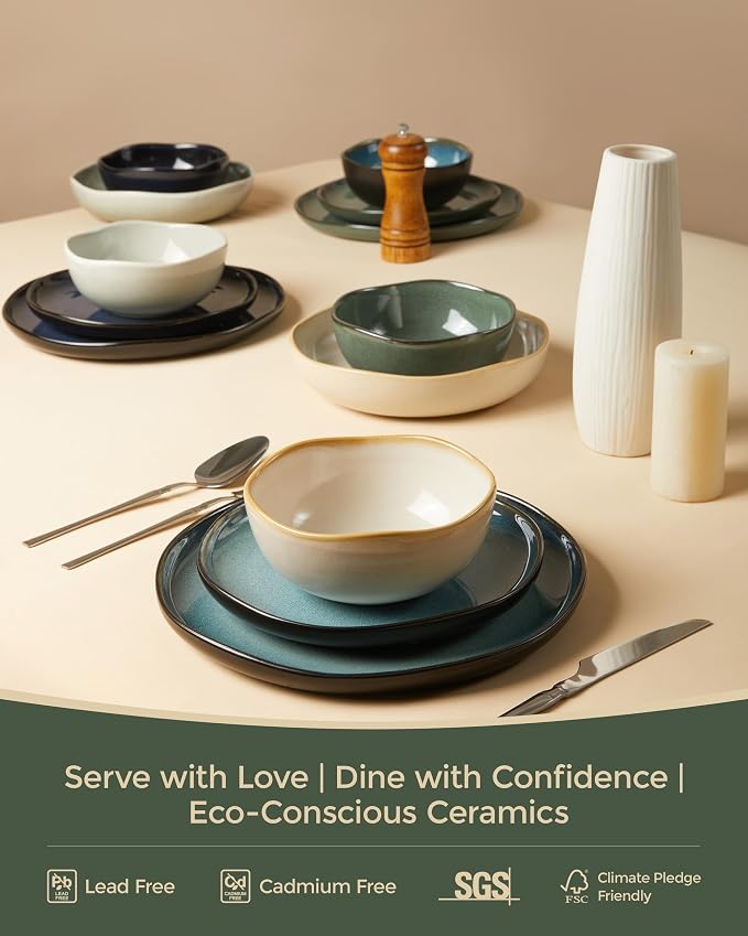 Pokini Large Holiday Dinnerware Sets for 8, Ceramic Plates and Bowls Set, Kitchen Dish Set, Microwave & Dishwasher Safe Dishware, Perfect for Christmas & Thanksgiving, Forest Green