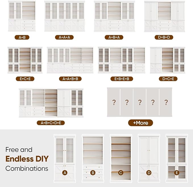 Vyre 70.8" Bookshelf with Glass Doors, Farmhouse Modular Bookcase with 6-Tier Adjustable Shelves, Large Storage Cabinet for Living Room & Home Office, White
