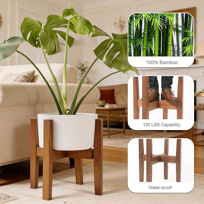 Natural Bamboo Plant Stand Indoor, Adjustable Plant Shelf Indoor Fits 8-12 Inch Pots, Mid Century Modern Decor to Refresh Your Space(Pot & Plant Not Included)