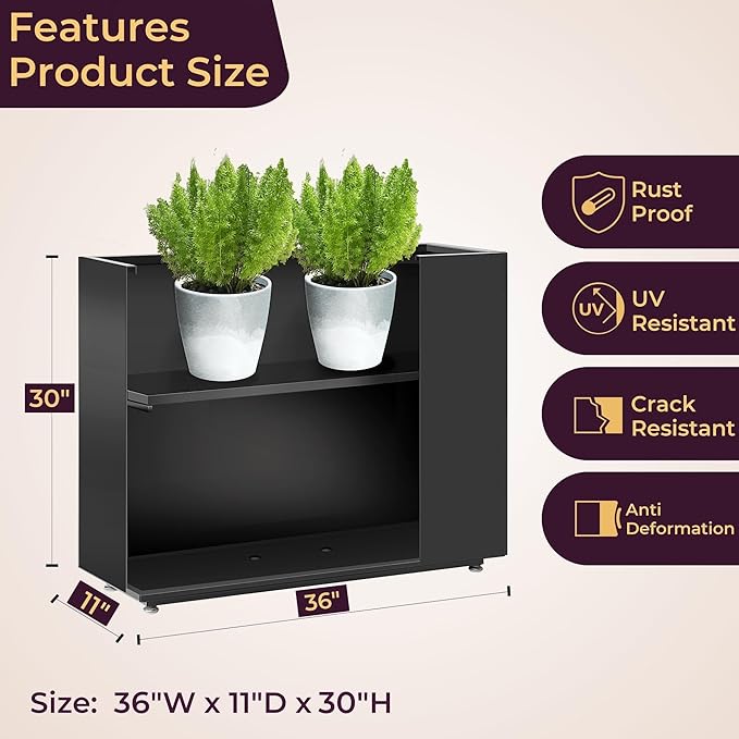 36Wx11Dx30H Tall Metal Planter Box with Removable Middle Partition and Adjustable Feet, Outdoor Elevated Planters for Patio, Yard, Deck | Easy Assembly, Drainage Holes, Black