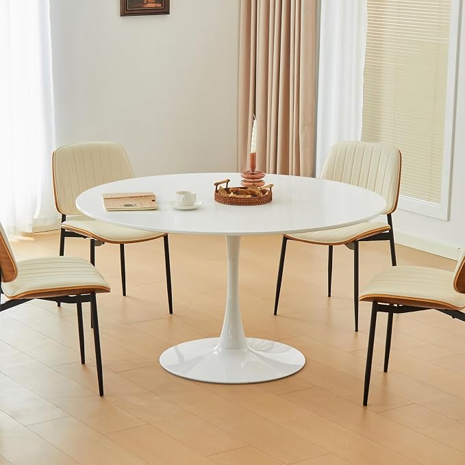 Round Dining Tulip Table for 4, Mid-Century Modern Table with Sturdy Metal Pedestal for Kitchen, Bistro, Cafe, Leisure (White, 43.5 INCH)