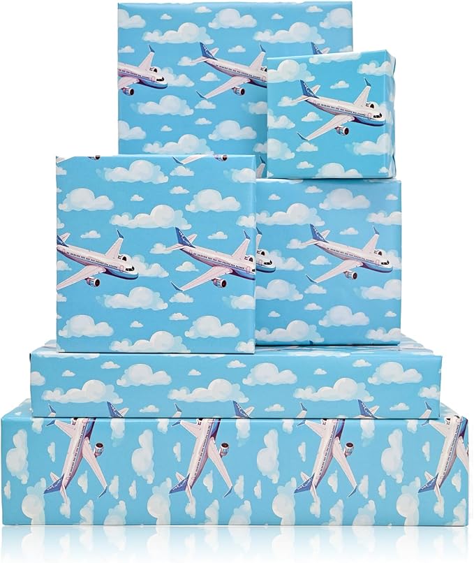 Altarho Airplane Wrapping Paper Blue Design Gift Wrapping Paper with Plane Cloud Pattern for Baby Shower Boy Girl Birthday Wedding Holiday - 19 X 27 Inches Per Sheet