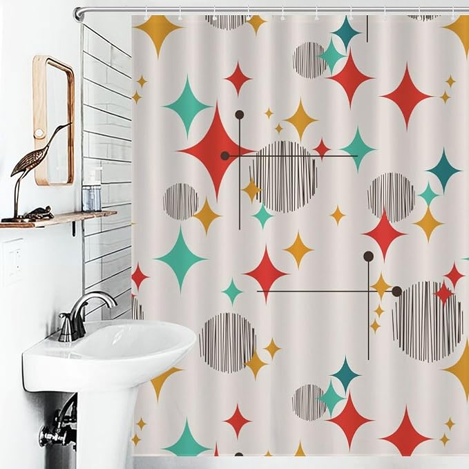 Mid Century Modern Shower Curtain,Atomic Starburst Geometric Diamond Pattern Shower Curtains Set for Bathroom Fabric Decorative Bath Curtain Washable Curtain Hooks, 72x72 inch
