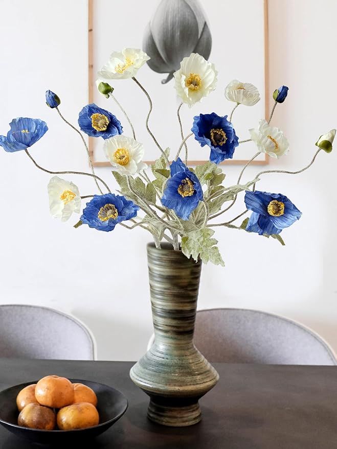 6PCS Dark Blue Faux Poppies Artificial Poppy Flowers with Realistic Silk Long Stems for Table Office Centerpiece Outdoor Indoor Cemetery