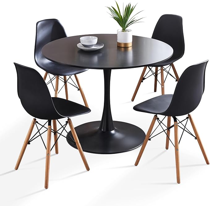 5-Piece Round Dining Table Set,42" Mid-Century Modern Kitchen Table with 4 Chairs,Tulip Pedestal Table & Solid Wood Legs,Space Saving Compact Furniture for Small Spaces Apartment Home,Black