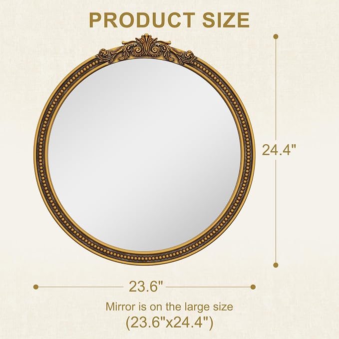 CozyDH Retro Gold Round Wall Mirror Decor - 24x24 inch Ornate Baroque Style Beaded Soli Wood Frame - Vintage Home Decor for Entryway, Foyer, Fireplace, Living Room, Hallway