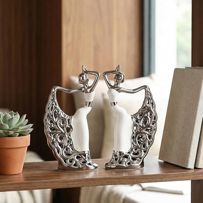 2 Pcs Ceramic Statues Home Decor, Dancer Women Sculpture Figurine, Modern Aesthetic Abstract Art Decorative Accent for Living Room Bedroom Bookshelf Dining Table Centerpiece Office (White and Silver)