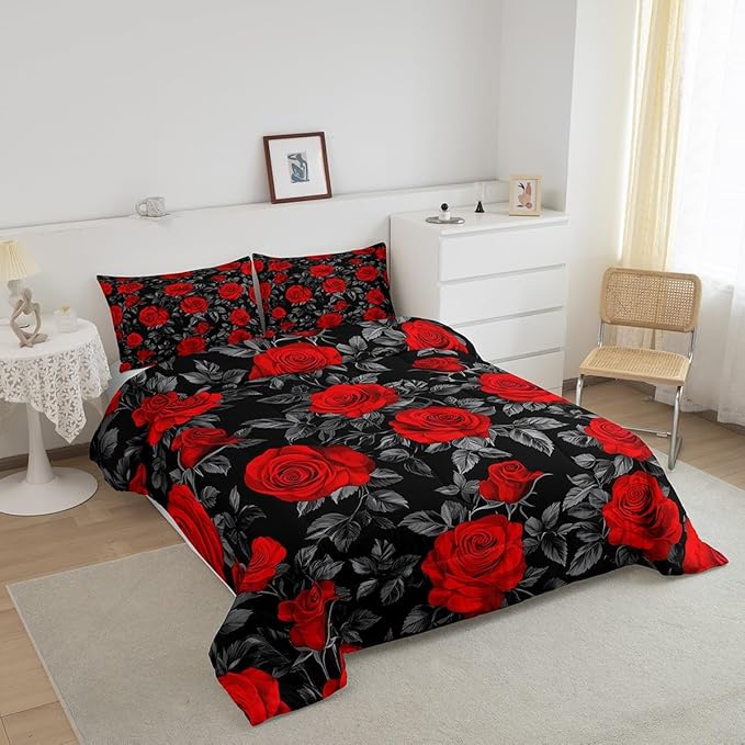 Castle Fairy Kids Red Flowers Comforter Set Twin Size,Rose and Grey Leaves Print Quilt Set for Kids Boys Bedroom Decor Xmas Gift,Gothic Floral Plant Theme Polyester Bedding Set with 1 Pillowcase