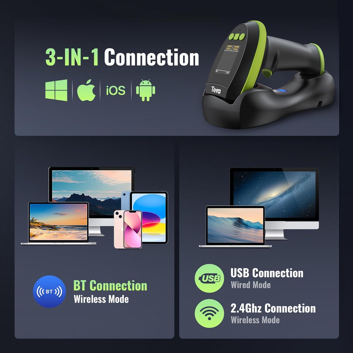 Tera Wireless Barcode Scanner - Pro 1D/2D QR Reader with Screen & Charging Cradle | Green