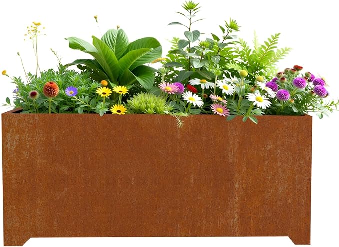 Metal Planter Box, Large Outdoor Rectangle Planters with 6 Drainage Holes & Raised Bottom, Co rten Steel Planter for Patio, Garden, Porch, 36" L x 15" W x 15" H