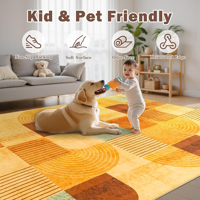 4x6 Area Rugs for Living Room, Soft Modern Geometric Rug for Bedroom, Washable Non-Slip Indoor Floor Abstract Carpet for Dining Room Nursery Home, Multi/Orange