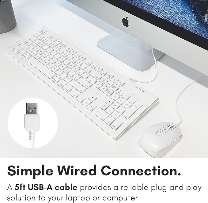 Macally Full Size USB Wired Keyboard for Mac and PC - Plug & Play Wired Computer Keyboard - Compatible Apple Keyboard with 15 Shortcut Keys for Easy Controls & Navigation of Macbook Pro/Air, iMac